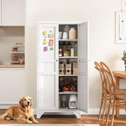 New 61" White Kitchen Pantry Storage Cabinets Food Storage Kitchen Cupboard Metal Pantry Storage Cabinet for Kitchen with Adjustable Shelves Feet Free