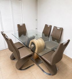 Glass Dining Table Set with 6 Metal Chairs