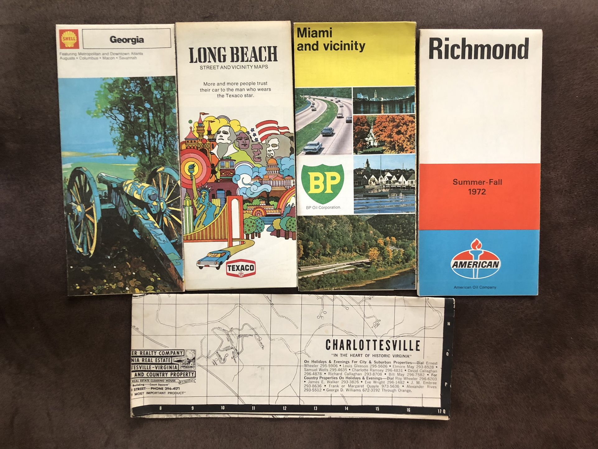 5 Vintage U.S. Cities Gas Station Maps-Va-Ga-Miami Fl