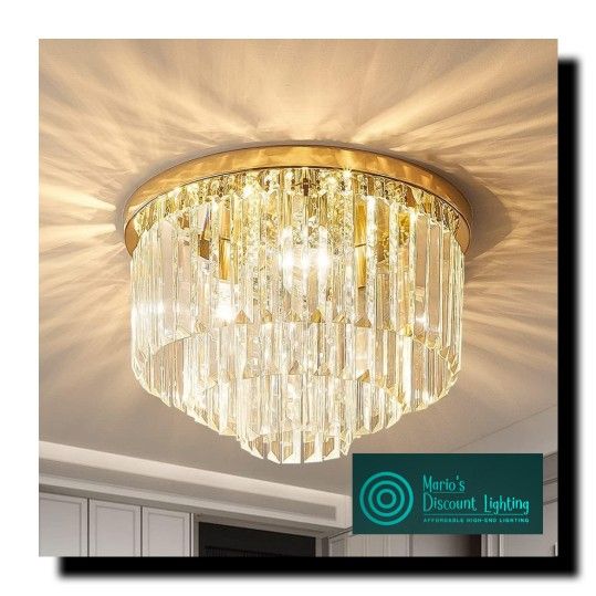 Gopmmy Modern French Gold Crystal Chandelier Ceiling Light,16" Semi Flush Mount 5-Lights 3-Tier Crystal Round Chandelier