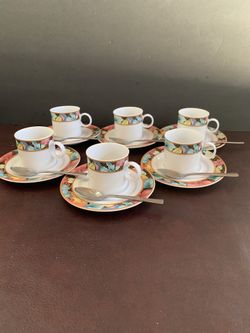 Beautiful Friesland Porcelain Expresso Cups and Saucers with tiny Spoons Made in Germany