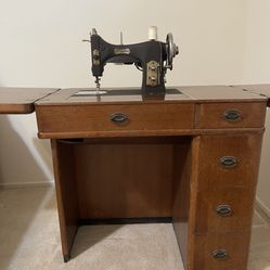Vintage Sewing Machine In Cabinet 