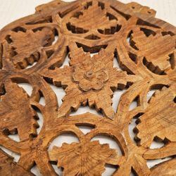 Hand Carved Wooden Trivet 8.5″ • Bohemian Vintage Kitchen Decor • Rustic Wood Hot Plate • Handcrafted Table Accessory