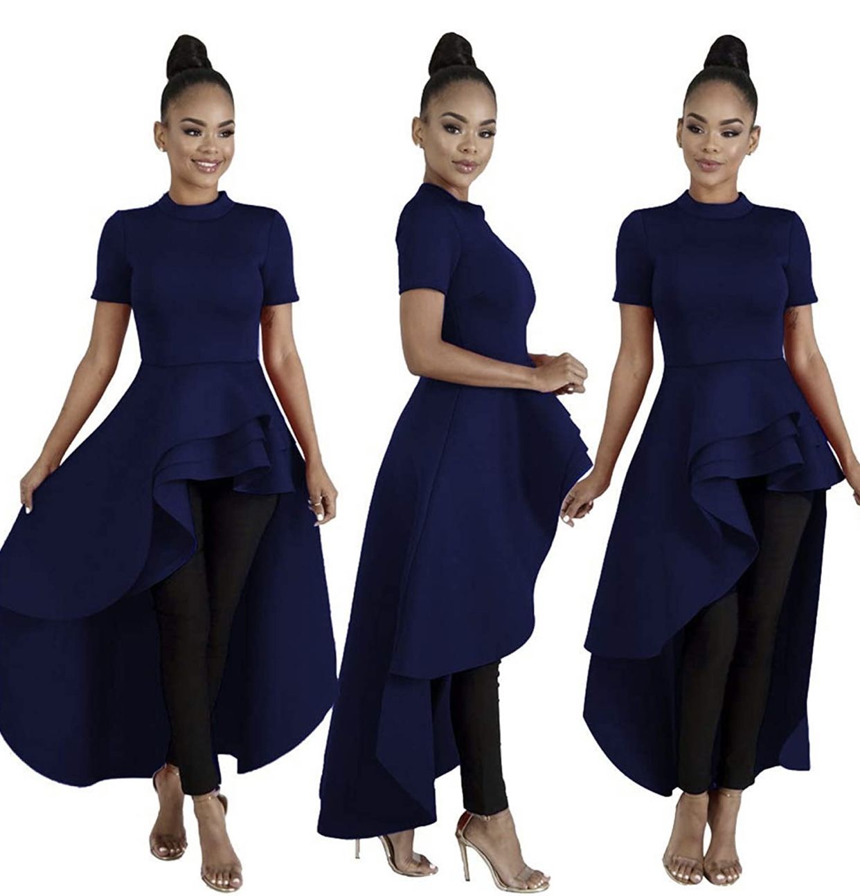 Women Short Sleeve Dress Top Ruffle High Low Asymmetrical Turtleneck Tops Blouse Shirt Dress