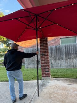 10 Foot Rectangle Red Patio Umbrella with LED Lights