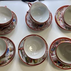 Antique Kutani Hand Painted Geisha Motif Bone China Set 12 Cups Saucers