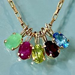 💎 Stunning 14K Yellow, Gold, Multi Colored Stone Dangling Necklace