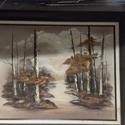 Vintage Mid-Century Birch Tree Oil Painting – 24x30 – Signed Michele Carré