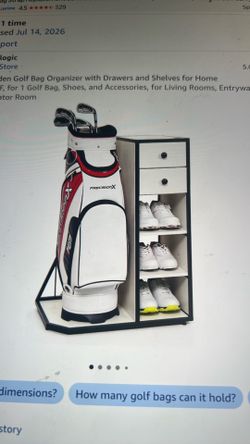 New premium wooden golf bag organizer by MYTHINGLOGIC. With drawers and shelves for home. Wood – look MDF, for one golf bag, shoes, and accessories, f