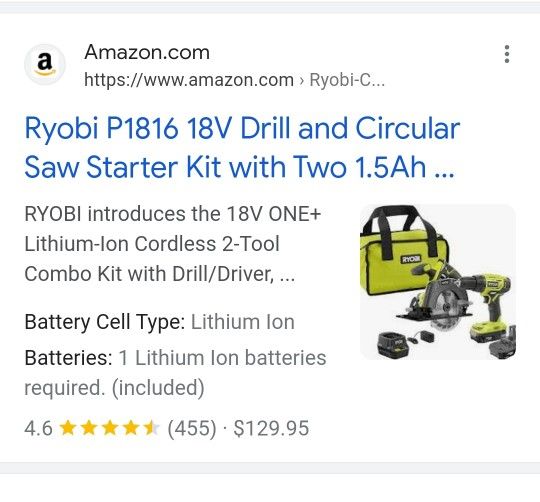 Ryobi 18V Drill and Circular Saw Starter Kit with Two 1.5Ah Batteries and Charger
