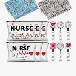 24 Pcs Nurse Gift Survival Kit 2025 Nurse Week Appreciation Gift for Women 8 Cosmetic Makeup Bag 8 Badge Reel Retractable 8 Headband with Button Women