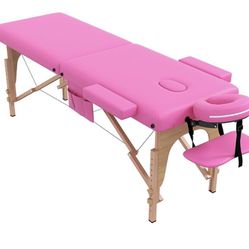 Pink Massage Table Massage Bed Portable, 29 LBs Light Weight 2 Section Foldable Tattoo Bed Facial Care Spa Lash Bed Height Adjustable Sturdy Wooden Fr