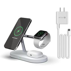 5 in 1 Magnetic Wireless Charging Stand, 15W Fast Mag-Safe Charging Station ，with Neutral Light Design for iPhone 17/16/15/14/13/12 Series, iWatch 7/S
