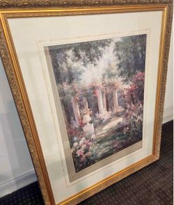Pair of Large Framed Art Prints - Garden Scene and Forest Landscape 50 each
