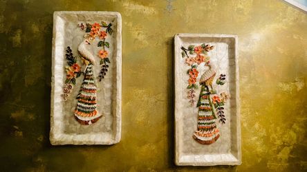 Mid-Century Modern 3D Seashell Peacock Wall Art-Handcrafted Folk Capiz Shell Mozaic/ 2 pc. Set