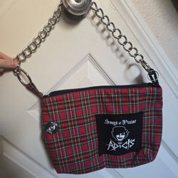 The adicts band homemade chain bag/purse. Plaid red style punk, emo, goth