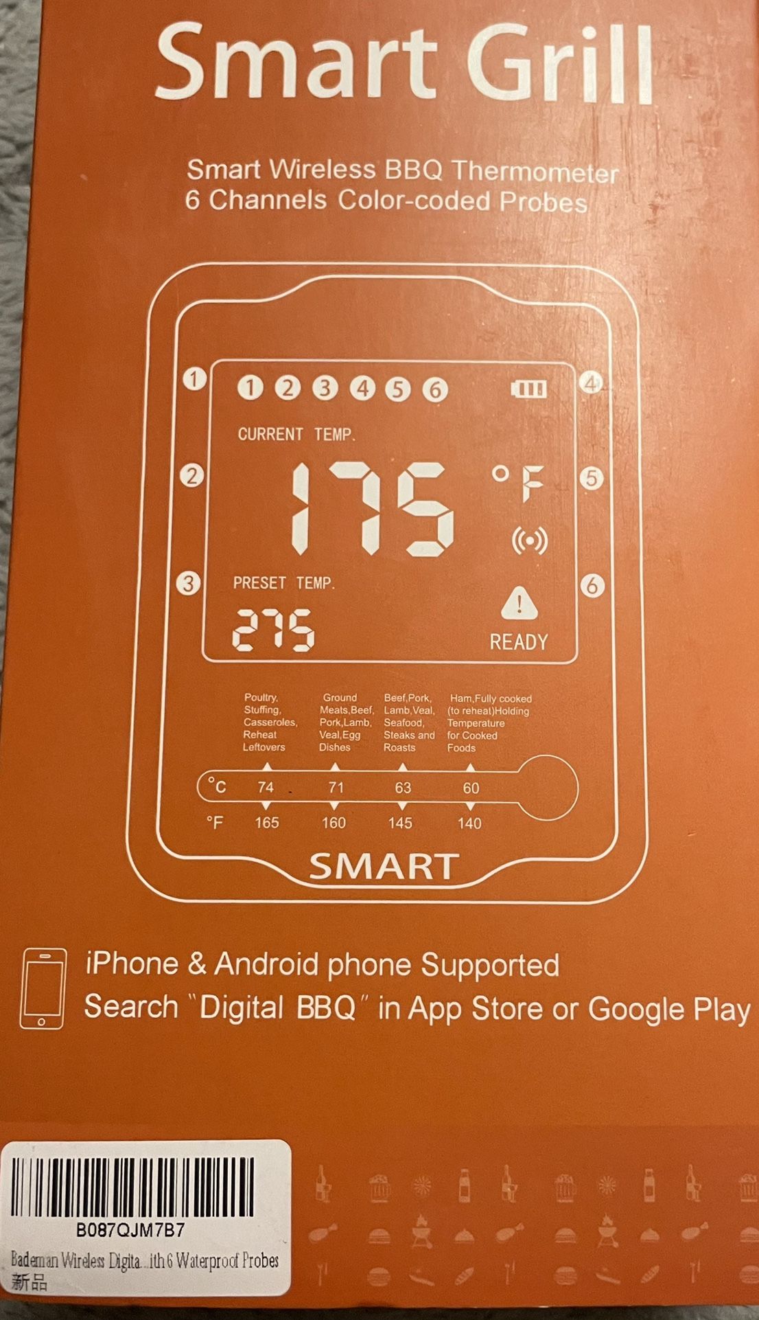 New Smart Wireless BBQ Grill Thermometer 6 Channels Color Coded Probes
