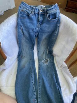YMI WannaBettaButt Distressed Flare Jeans Women’s Blue Stretch Denim Low Rise