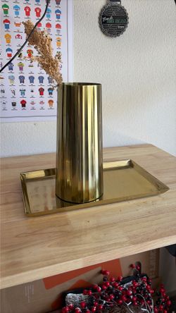 West Elm Brass Tray + Brass Cylinder Vase Set