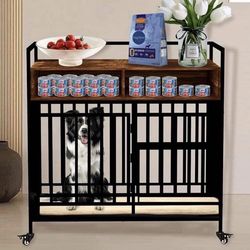 Large Dog Crate Furniture, 43.4 Inch XL Dog Crate & Large Dog Kennel, Heavy Duty Wooden Dog Cage with Storage, Includes 4 Locking Casters & Soft Pad.