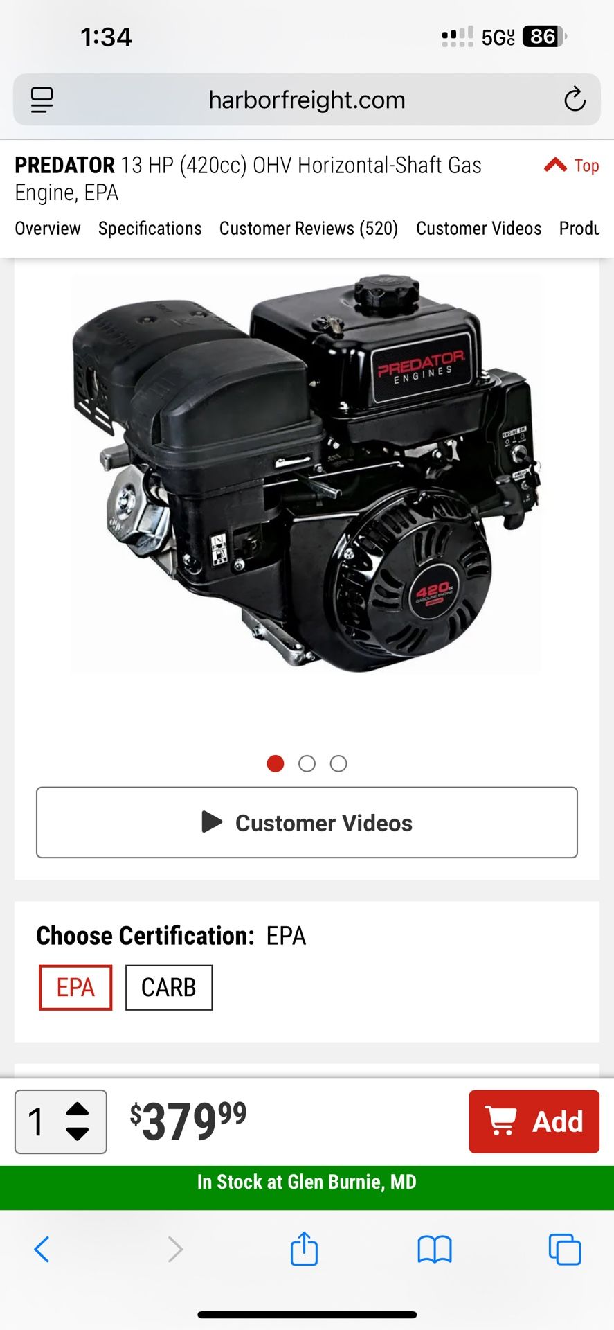 PREDATOR 13 HP (420cc) OHV Horizontal-Shaft Gas Engine, EPA