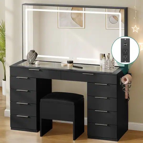 Black 10-Drawer Cosmetic Vanity Desk Set with Glass Tabletop Makeup Vanity