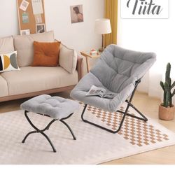 Tiita Saucer Chair with Ottoman, Soft Faux Fur Oversized Folding Accent Chair,Lounge Lazy Chair, Metal Frame Moon Chair for Bedroom, Living Room, Dorm