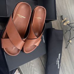Saint Laurent New Papaya Jimmy Criss - Cross Flat Leather Sandals