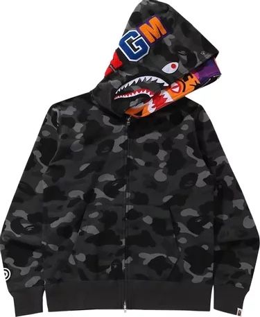 BAPE Color Camo Tiger Shark Wide Full Zip Double Hoodie 'Black'