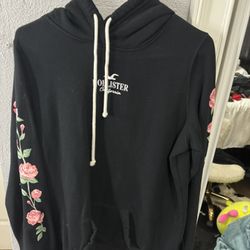 Hollister California Black Hoodie Rose Design on Sleeves