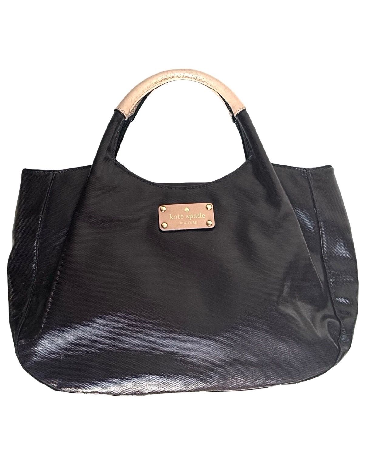 Kate Spade Black Treesh Fulton Street Hand Bag Purse Tan Handles Patent Leather
