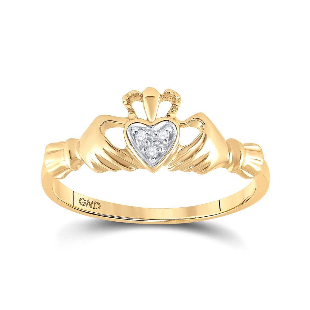 Saris and Things 14kt Yellow Gold Womens Round Diamond Claddagh Heart Ring .02 Cttw