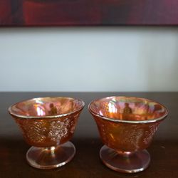 Pair of Federal Glass Normandie Marigold carnival glass dessert cups.