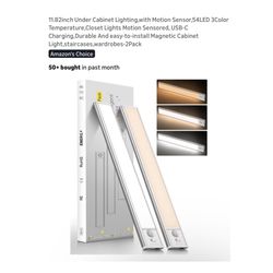 Brand new 2 Pack 11.82inch Under Cabinet Lighting,with Motion Sensor,54LED 3Color Temperature,Closet Lights Motion Sensored, USB-C Charging,Durable An