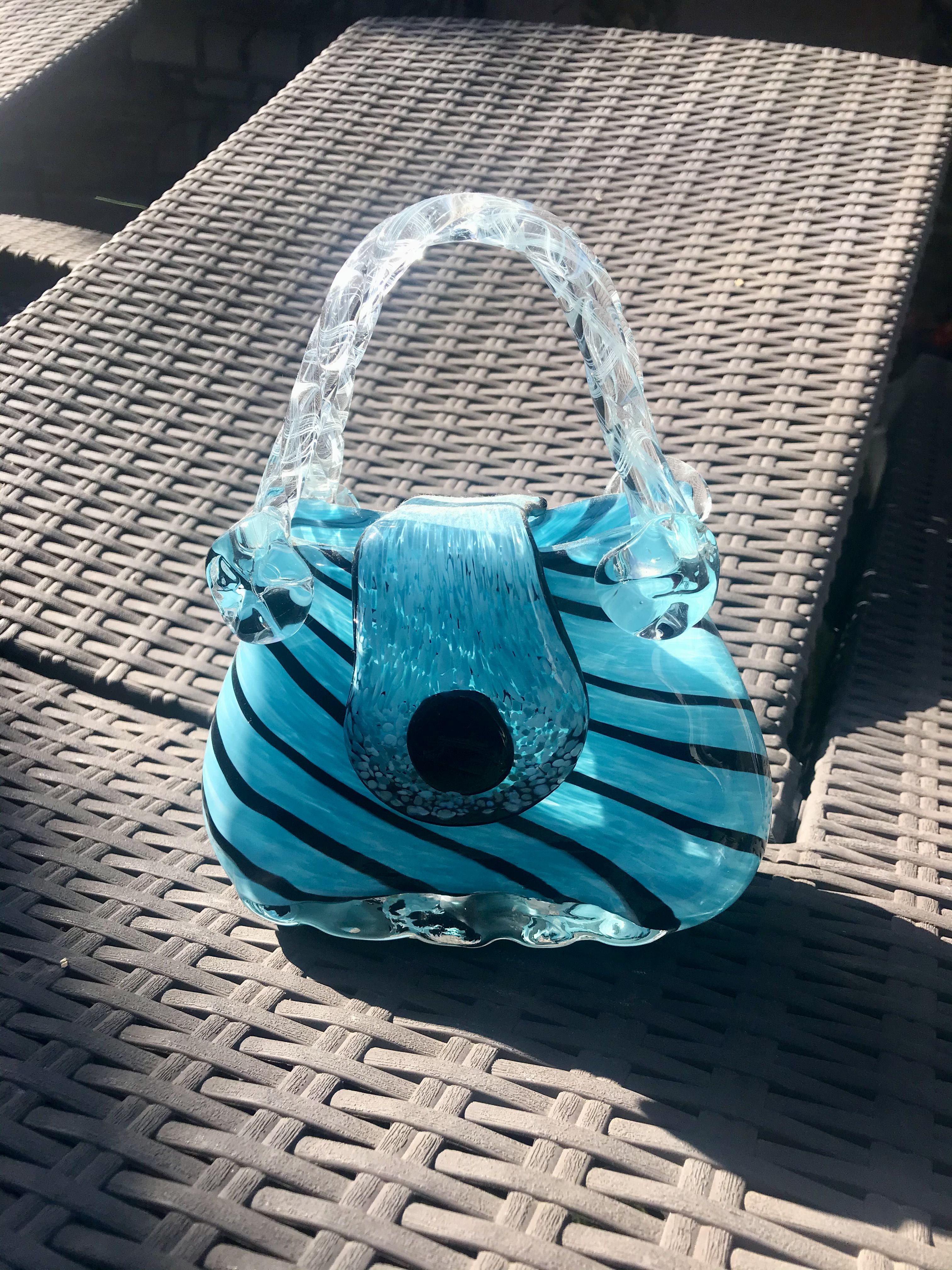 Murano Style Art Glass Handbag Art Vase Light Blue Swirl and Clear With Handles