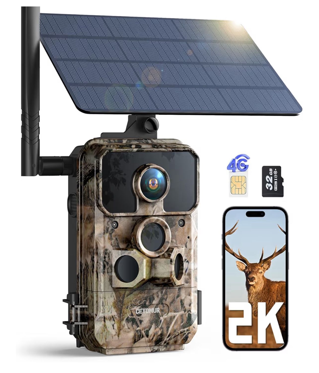 Brandnew 4G LTE Cellular Trail Cameras with 2K HD Live Feed, Game Camera with SD & SIM Card 0.1s Trigger Time IP66 Waterproof Night Vision, Solar Trai