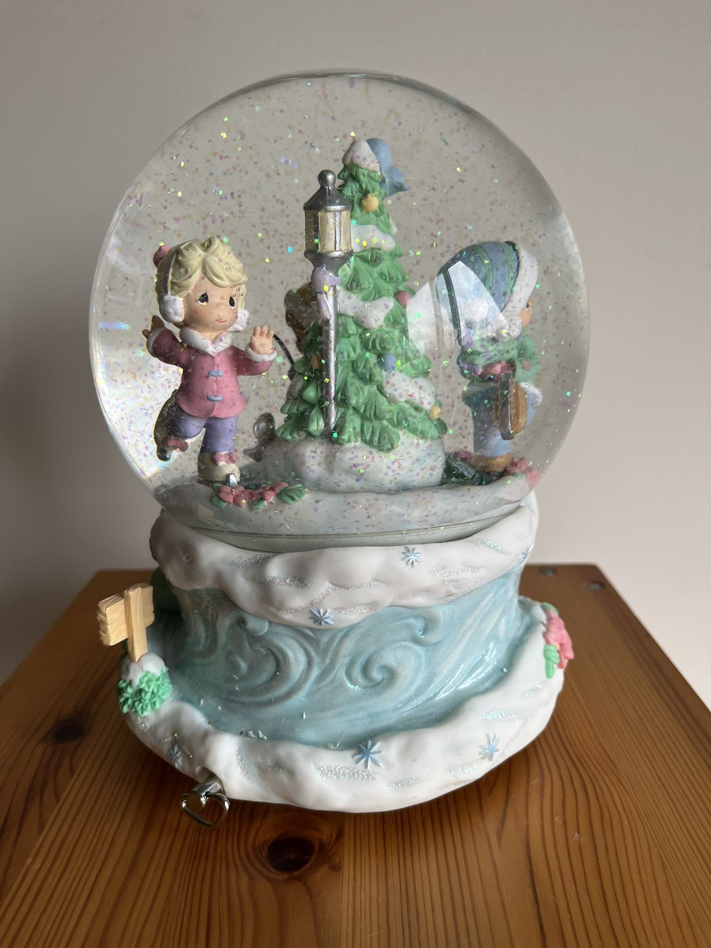 Enesco Porcelain Precious Moments Winter Fun Musical Animated Glitter Christmas Snow Globe Vintage Oversized RARE