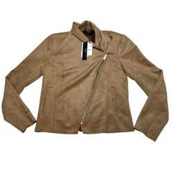 Tahari Faux Suede Moto Jacket Womens Small Asymmetrical Zip Brown New