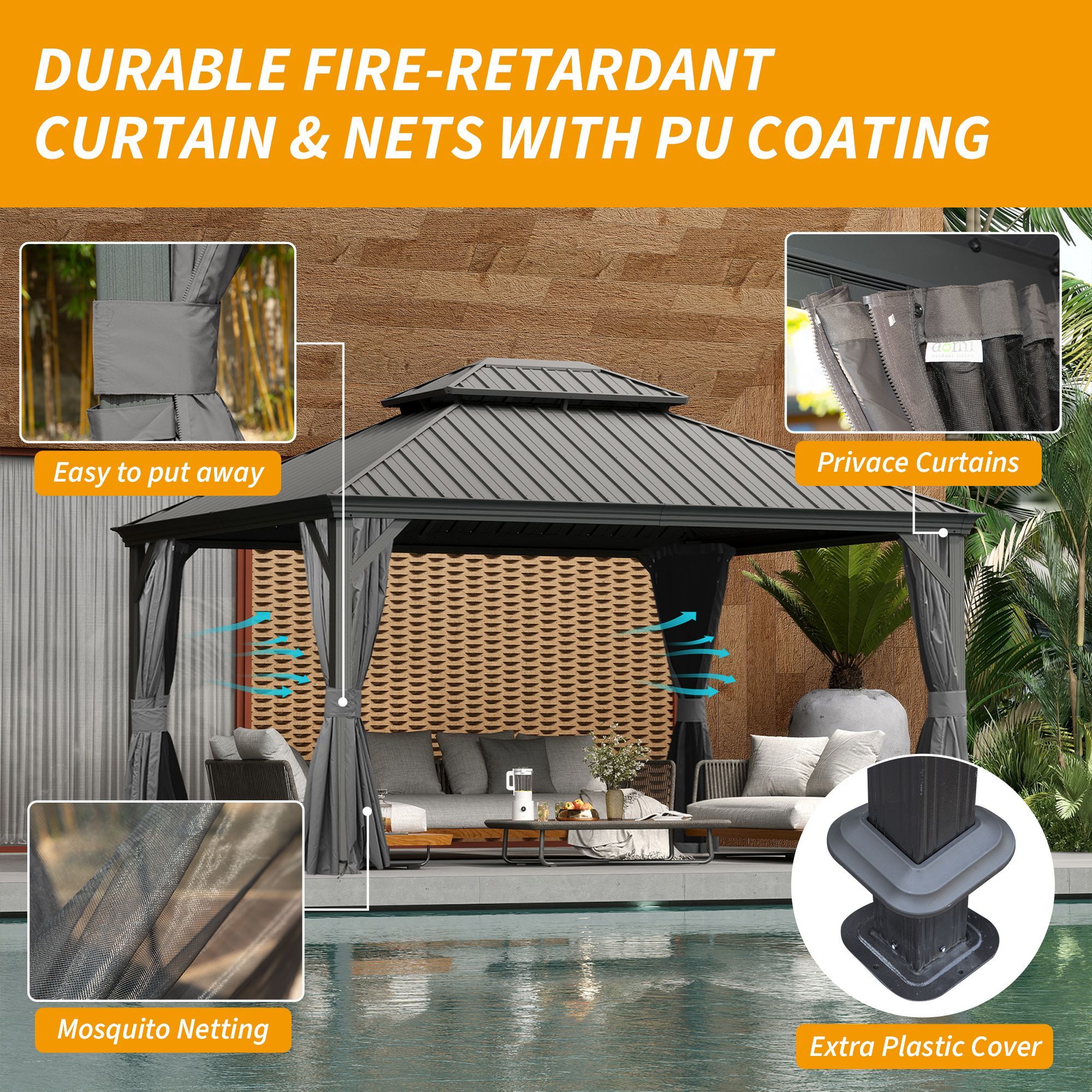12' X 14' Hardtop Gazebo, Upgraded Metal Gazebo with Drainage System, Dual-Layer Galvanized Steel Roof, Curtain and Netting, Outdoor Shelter Canopy fo