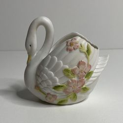 Lefton China Swan With Flowers Trinket Dish Hand Painted 3-1/2” Tall