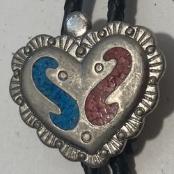 Vintage Bolo Tie Red And Blue Turquoise Heart