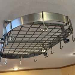 Professional Brushed, Steel Oval Hanging Pot Rack With Center Grid And 12+ Hooks