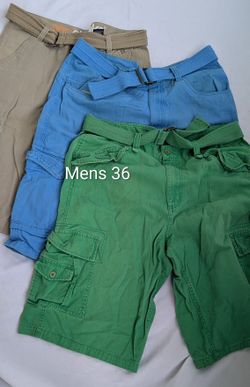 3 Mens Long Work Cargo Shorts 36x26. All With Belts. Blue & Green By Polo Ralph Lauren, Tan By Akademiks. Tons of pockets. Good For Work or Play.