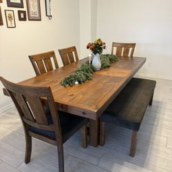 Long Wooden Table With 4 Chairs And Bench