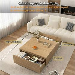 (small Damage) 43" Oversized Square Coffee Table for Large Living Room, Large Center Table with 2 Massive Drawers, Neutral Wood Oak Finish Wood Coffee