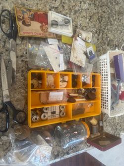 Vintage buttons lot wooden metal scissors, etc.