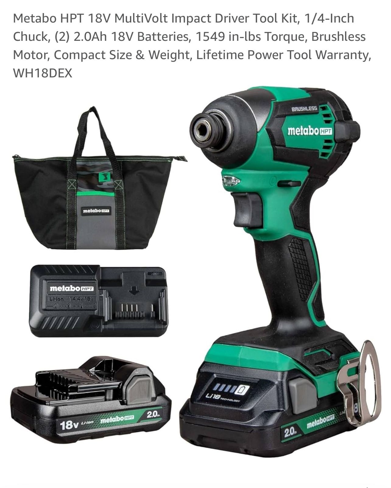 Metabo HPT 18V MultiVolt Impact Driver Tool Kit, 1/4 Inch Chuck