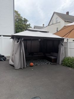 Outdoor Gazebo with Curtains and Mesh Sides