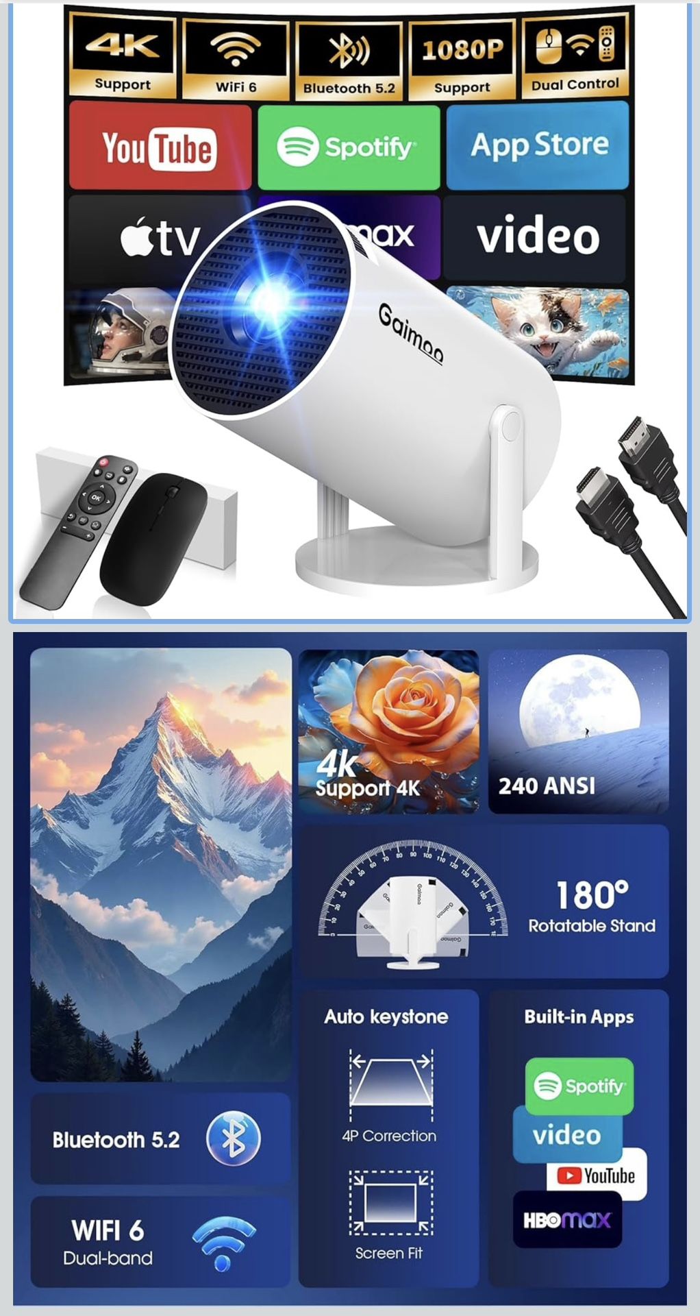 [Built-in App] Mini Projector with WiFi and Bluetooth 2025 Upgraded 1080P FHD 4K Support Projector with Mouse Portable Projector Auto Keystone Compati