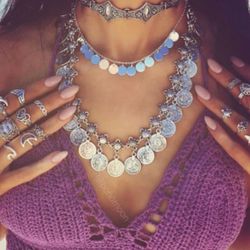 Bohemian Carved Flower Silver Plated Coin Necklace